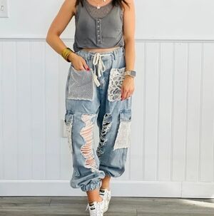 POL Distressed Oversized Jeans with Lace Pockets & Drawstring